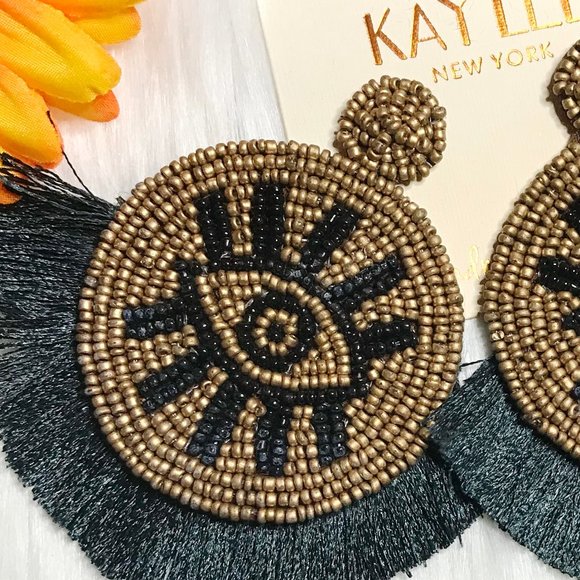 Boho Earrings Fringe Eye Seed Bead Large Post Drop - Picture 3 of 5